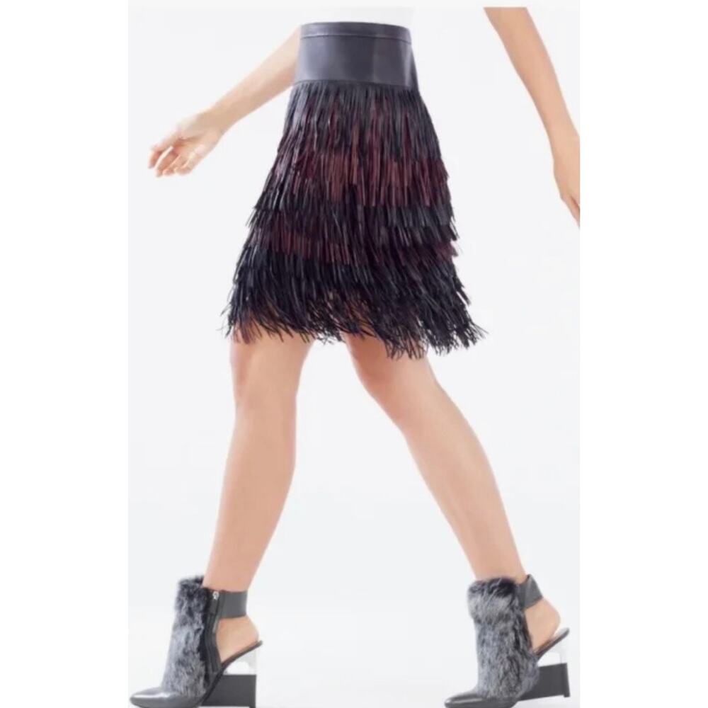 BCBGMAXAZRIA Runway Faux Leather Fringe Leva Skirt Size 10 Black/Burgundy